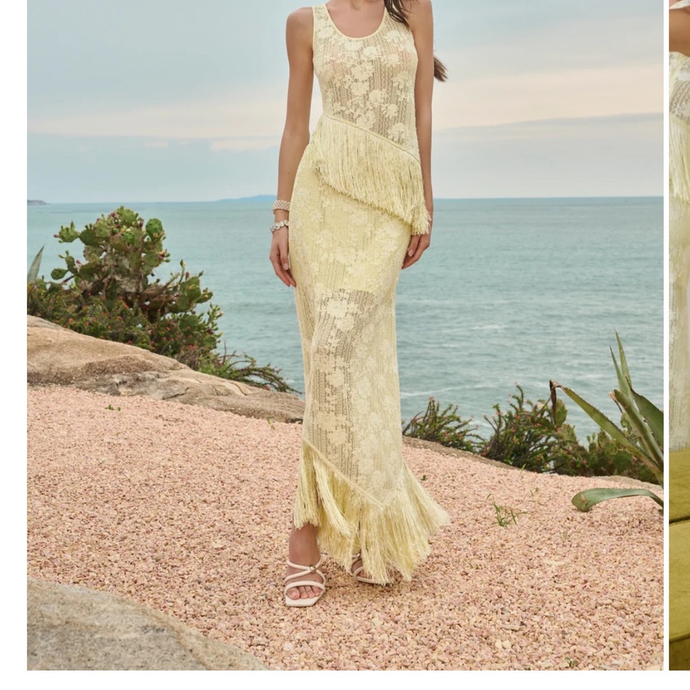 Sleeveless Yellow Lace Maxi Dress with Fringe Detail